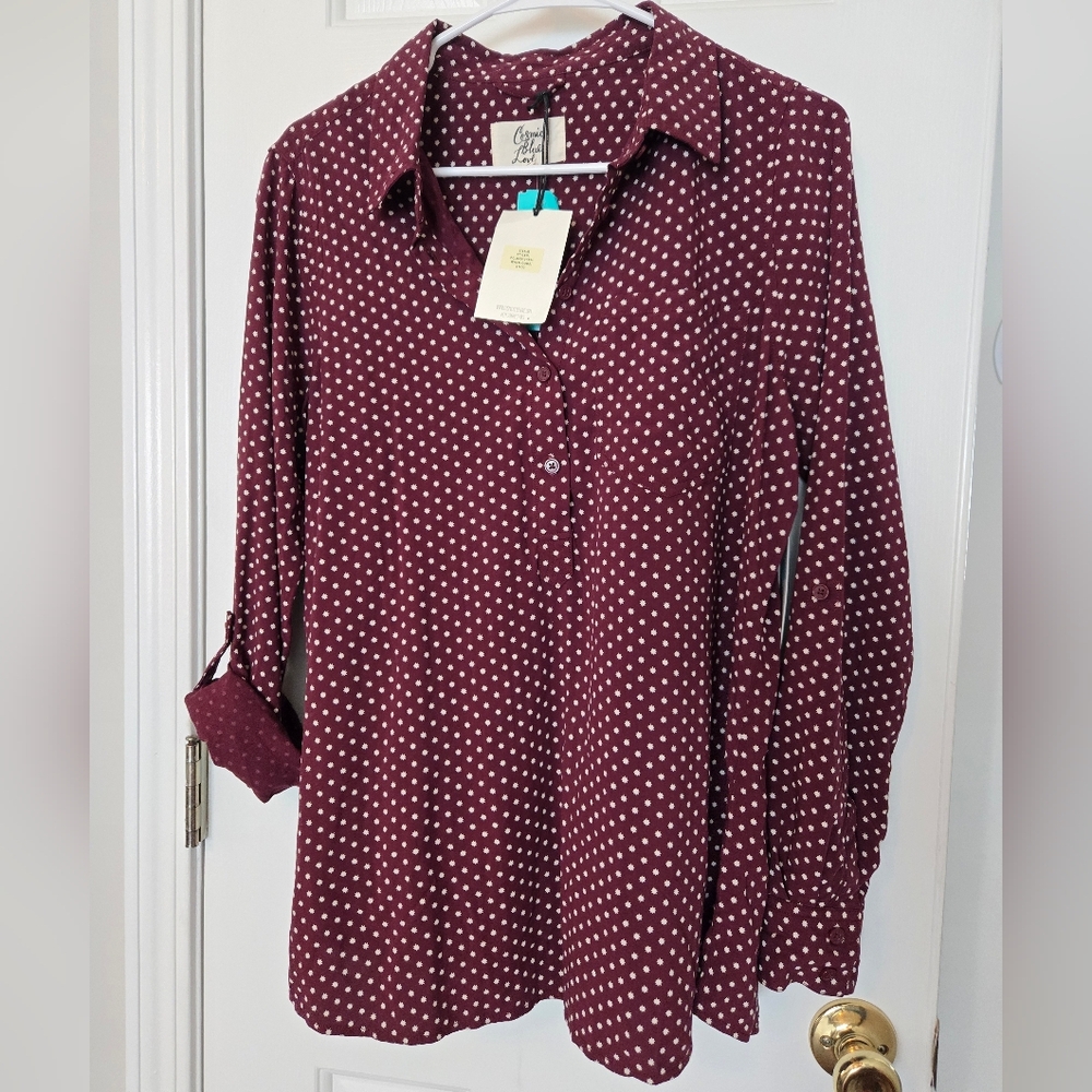 Cosmic Blue Love Polka Dot Star Half Button-Front Blouse Burgundy Womens Size M